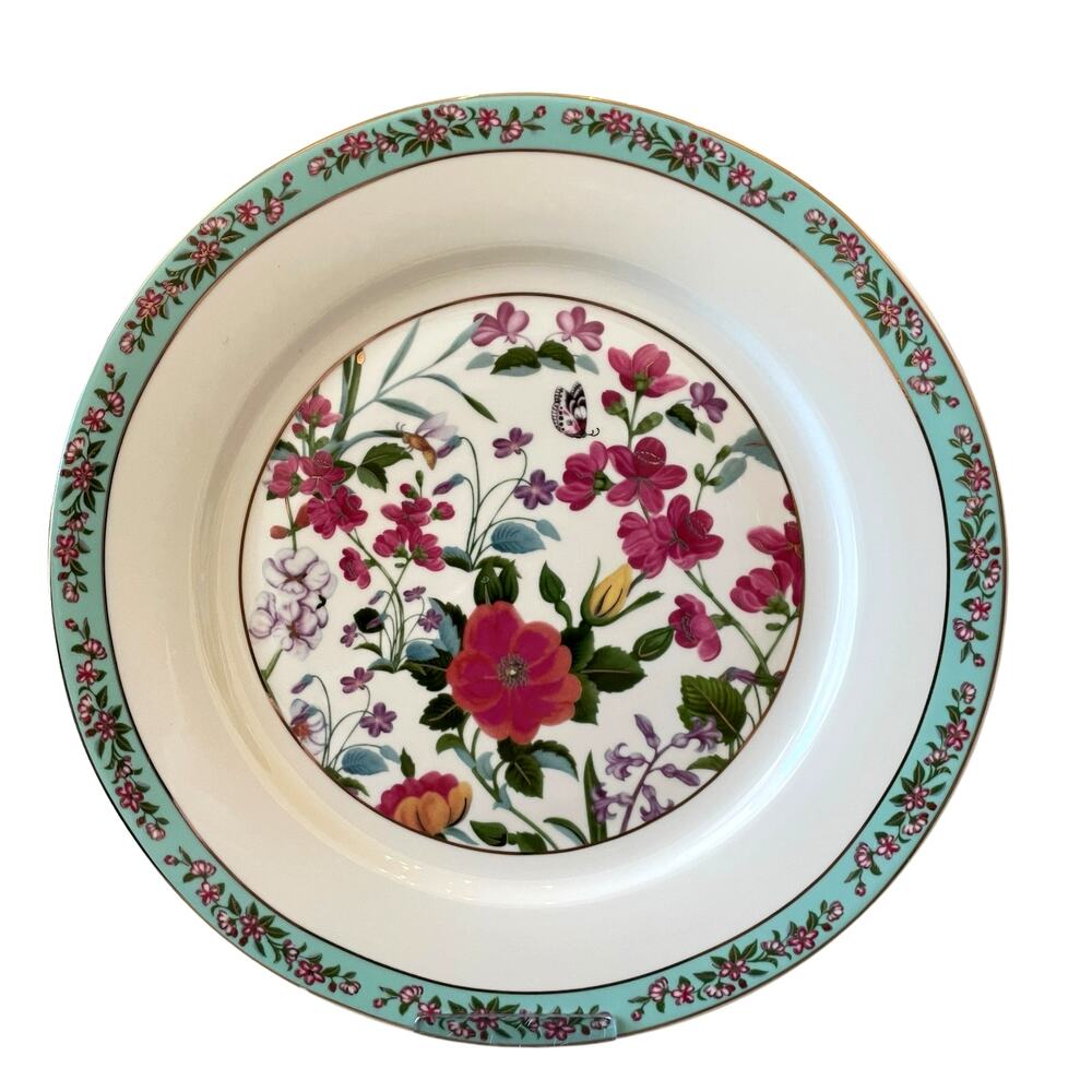 NEW Grace Teaware Fine Porcelain 11in Dinner Plates Aqua Blue Floral Set of 4